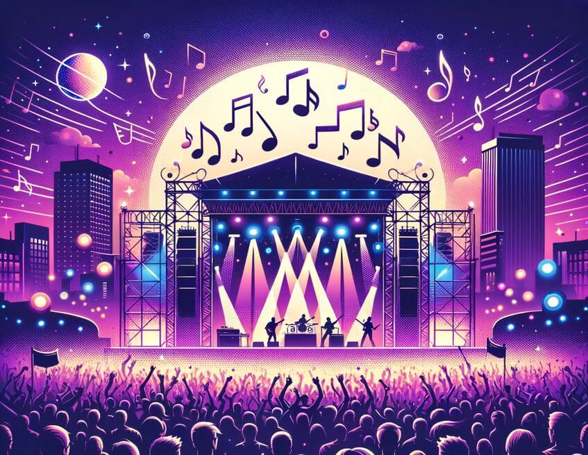 Festival Bühne mit Publikum auf lilafarbenem Hintergrund