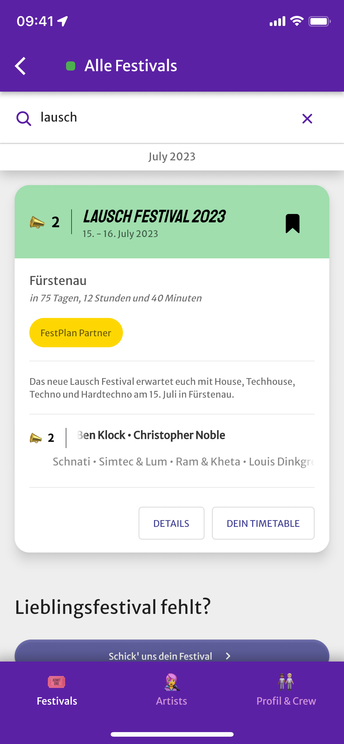 Screenshot aus der FestPlan App. Dargestellt ist die Übersichtskachel für ein Festival.