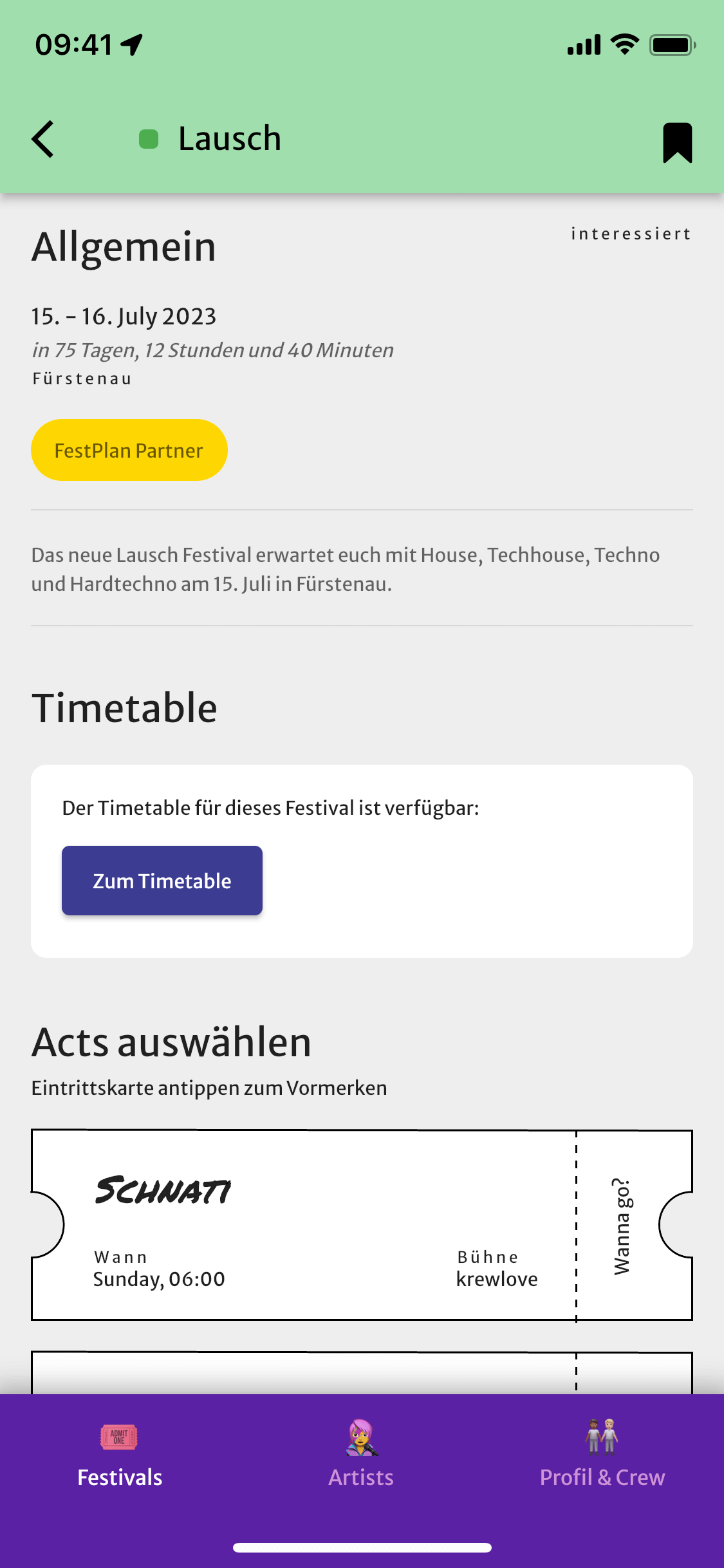 Screenshot aus der FestPlan App. Dargestellt ist die Übersichtskachel für ein Festival.